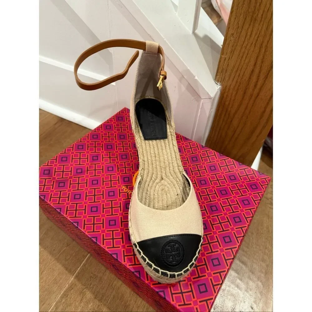 Tory Burch Cream & Black Espadrille Wedge with Tan Ankle Strap